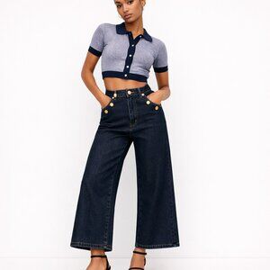 Zara High Waisted Sailor Wide Leg Cropped Jeans Gold Button Nautical Denim